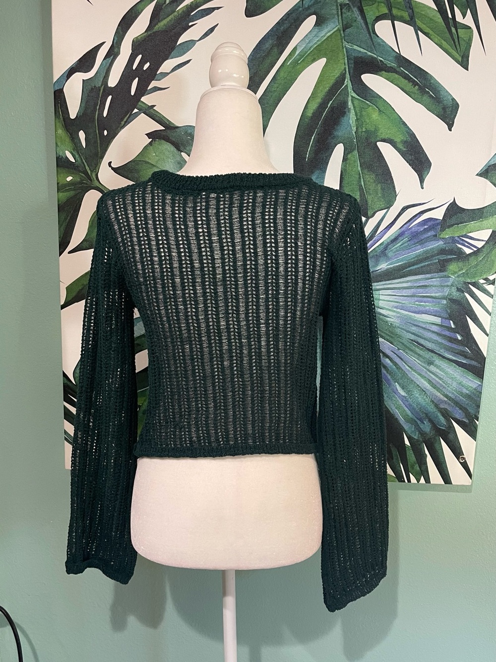 Dark Green Open-Knit Cropped Sweater With Extra Long Sleeves - Picture 2 of 6